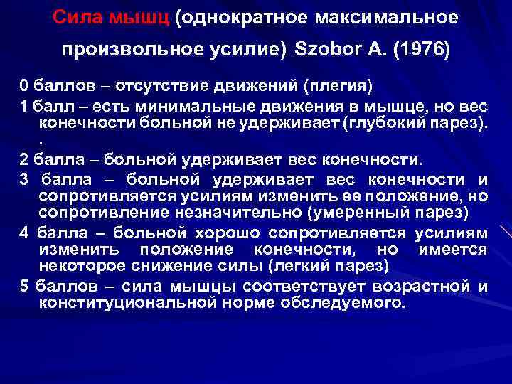 Сила мышц (однократное максимальное произвольное усилие) Szobor A. (1976) 0 баллов – отсутствие движений