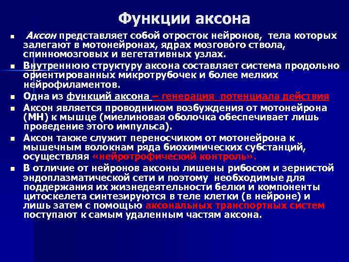 Функции аксона n n n Аксон представляет собой отросток нейронов, тела которых залегают в