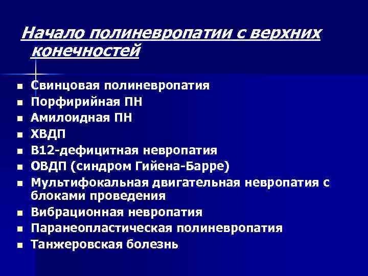 Начало полиневропатии с верхних конечностей n n n n n Свинцовая полиневропатия Порфирийная ПН