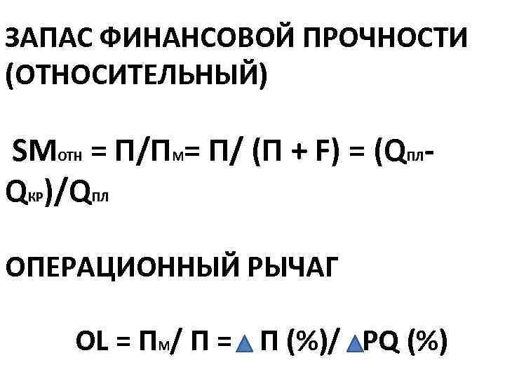 ЗАПАС ФИНАНСОВОЙ ПРОЧНОСТИ (ОТНОСИТЕЛЬНЫЙ) SMОТН = П/ПМ= П/ (П + F) = (QПЛQКР)/QПЛ ОПЕРАЦИОННЫЙ