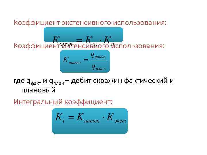 Коэффициент экстенсивного использования: Коэффициент интенсивного использования: где qфакт и qплан – дебит скважин фактический