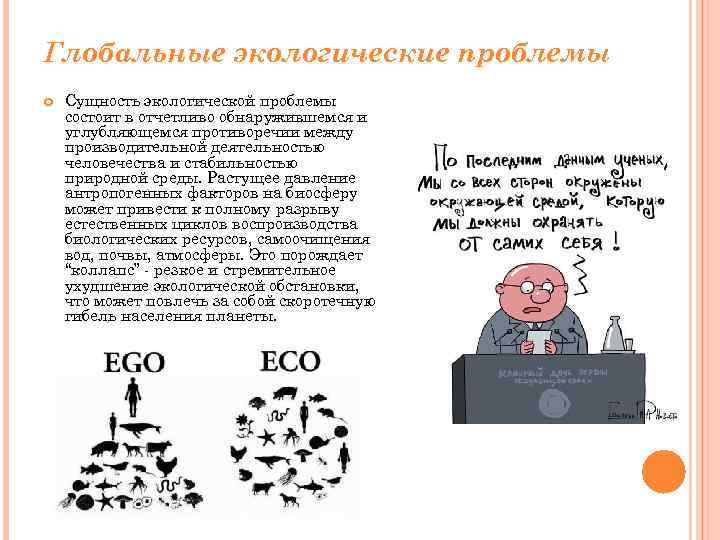 Глобальные экологические проблемы Сущность экологической проблемы состоит в отчетливо обнаружившемся и углубляющемся противоречии между