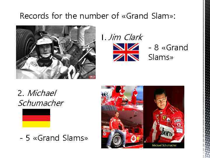 Records for the number of «Grand Slam» : 1. Jim Clark 2. Michael Schumacher