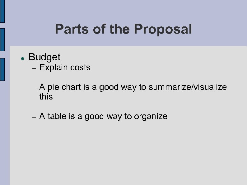 Parts of the Proposal Budget Explain costs A pie chart is a good way