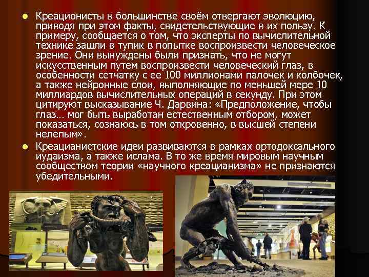 Креационисты в большинстве своём отвергают эволюцию, приводя при этом факты, свидетельствующие в их пользу.