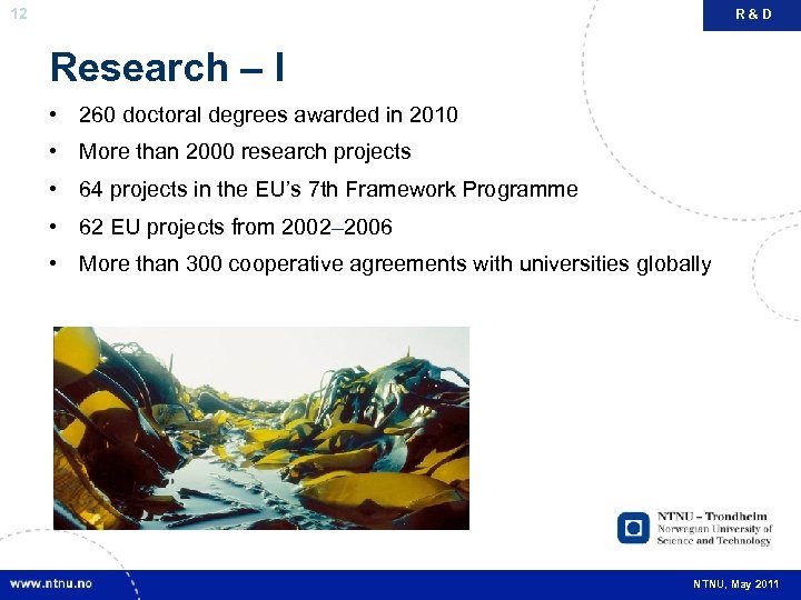 12 R&D Research – I • 260 doctoral degrees awarded in 2010 • More