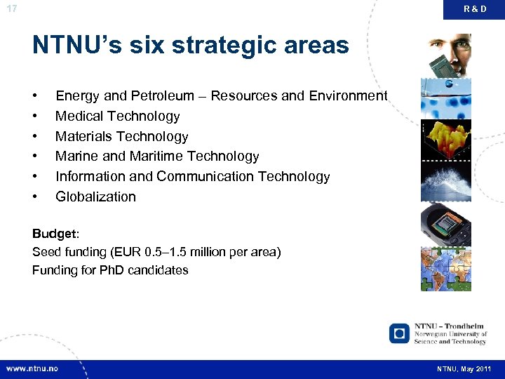 17 R&D NTNU’s six strategic areas • • • Energy and Petroleum – Resources