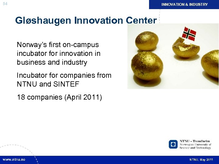 NÆRINGSLIV INDUSTRY INNOVATION & OG NYSKAPING 54 Gløshaugen Innovation Center Norway’s first on-campus incubator