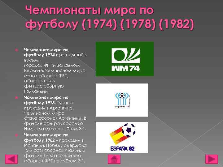 Чемпионаты мира по футболу (1974) (1978) (1982) Чемпионат мира по футболу 1974 прошедший в