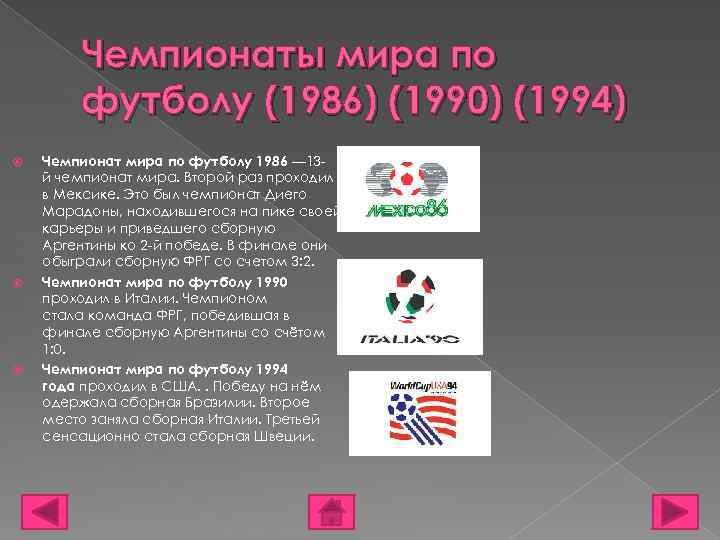 Чемпионаты мира по футболу (1986) (1990) (1994) Чемпионат мира по футболу 1986 — 13