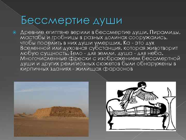 Бессмертие души Древние египтяне верили в бессмертие души. Пирамиды, мастабы и гробницы в разных