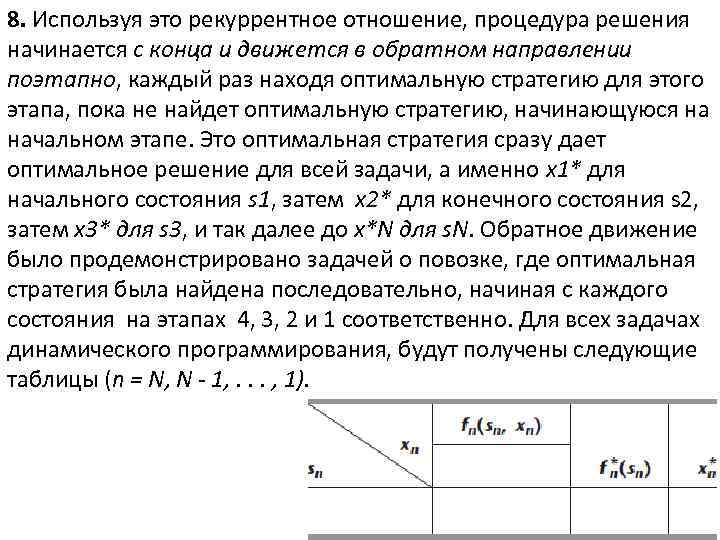 8. Используя это рекуррентное отношение, процедура решения начинается с конца и движется в обратном