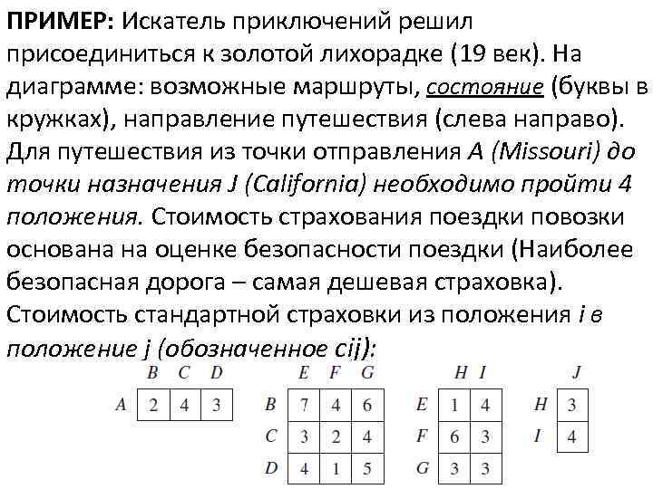 ПРИМЕР: Искатель приключений решил присоединиться к золотой лихорадке (19 век). На диаграмме: возможные маршруты,