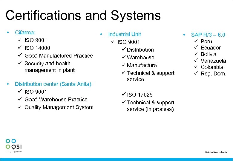 Certifications and Systems • Cifarma: ü ISO 9001 ü ISO 14000 ü Good Manufactured