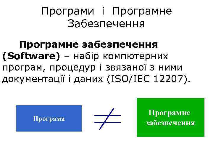 Програми і Програмне Забезпечення Програмне забезпечення (Software) – набір компютерних програм, процедур і звязаної