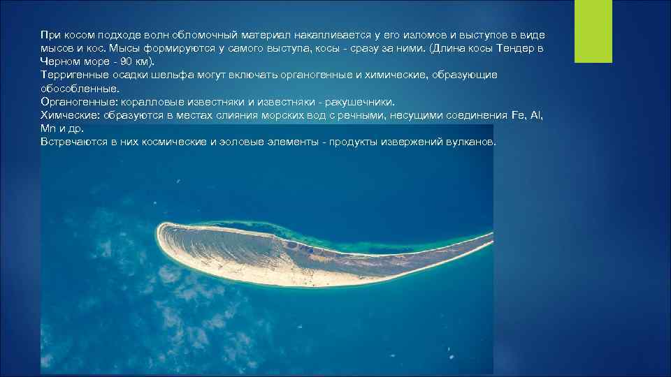 При косом подходе волн обломочный материал накапливается у его изломов и выступов в виде