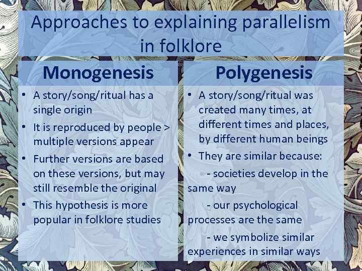 Approaches to explaining parallelism in folklore Monogenesis Polygenesis • A story/song/ritual has a single
