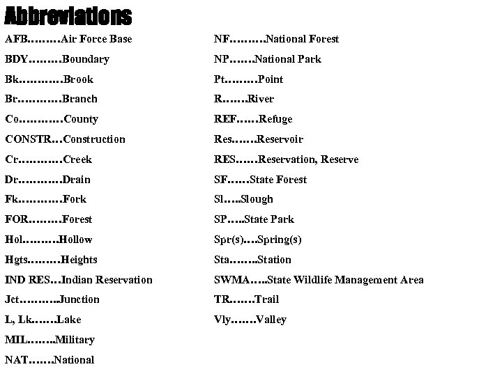 Abbreviations AFB………Air Force Base NF………. National Forest BDY………Boundary NP……. National Park Bk…………Brook Pt………Point Br…………Branch