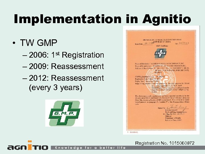 Implementation in Agnitio • TW GMP – 2006: 1 st Registration – 2009: Reassessment