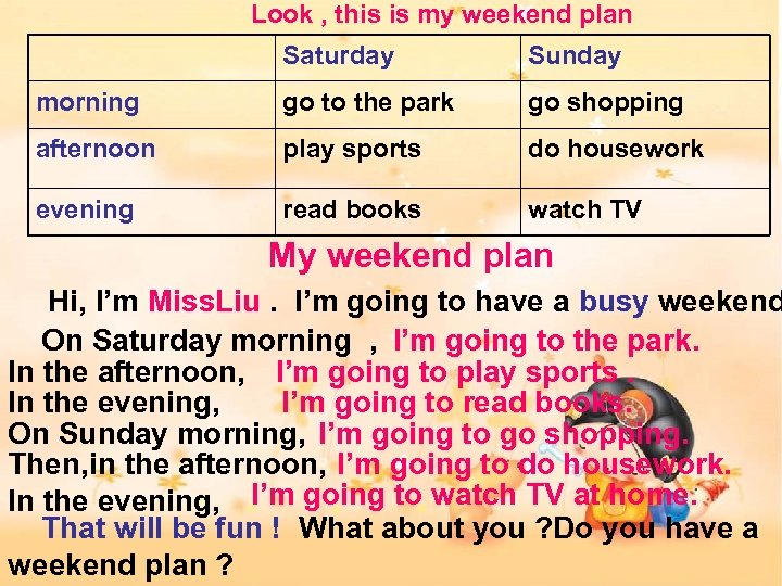 Look , this is my weekend plan Saturday Sunday morning go to the park