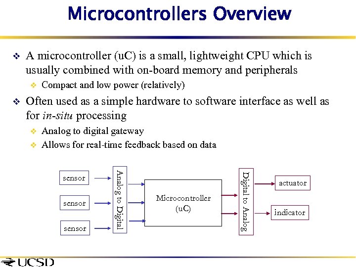 Microcontrollers Overview v A microcontroller (u. C) is a small, lightweight CPU which is