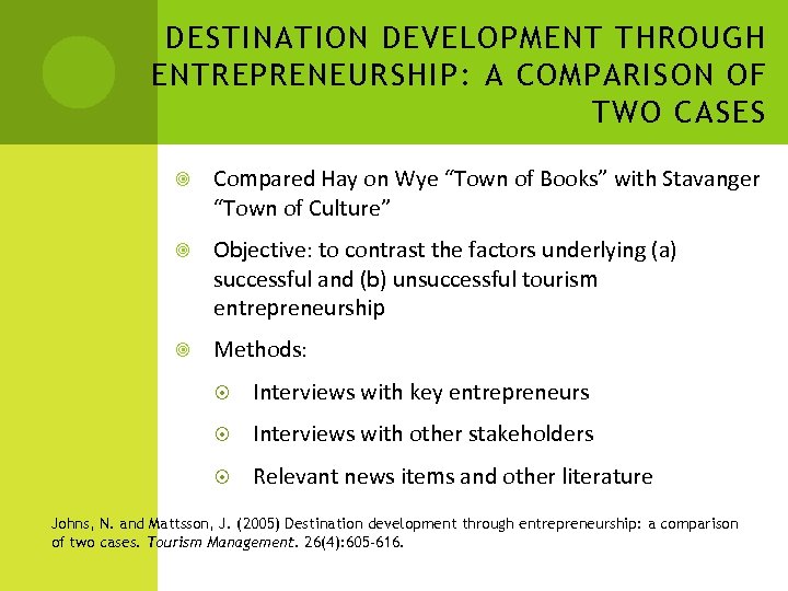 DESTINATION DEVELOPMENT THROUGH ENTREPRENEURSHIP: A COMPARISON OF TWO CASES Compared Hay on Wye “Town