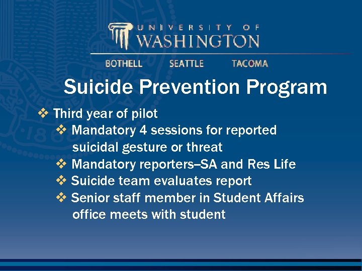 Suicide Prevention Program v Third year of pilot v Mandatory 4 sessions for reported