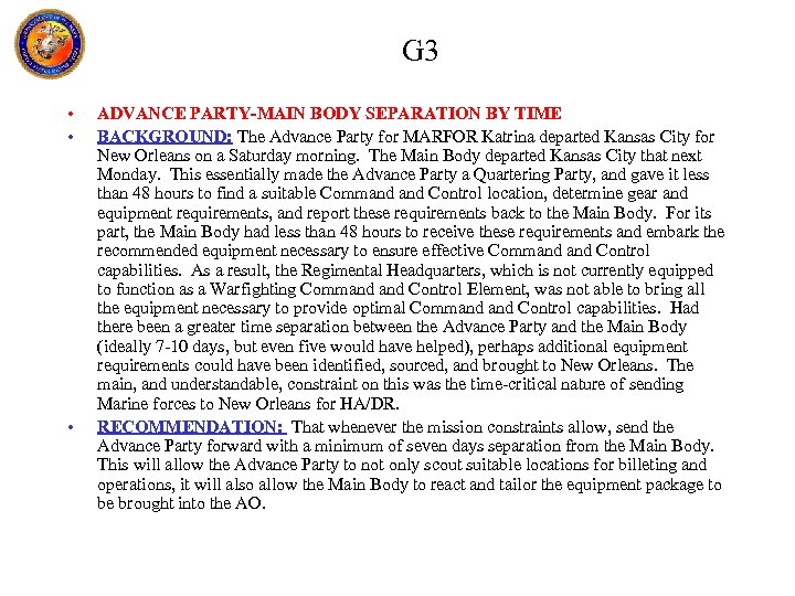 G 3 • • • ADVANCE PARTY-MAIN BODY SEPARATION BY TIME BACKGROUND: The Advance