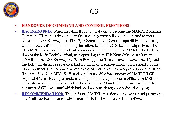 G 3 • • • HANDOVER OF COMMAND CONTROL FUNCTIONS BACKGROUND: When the Main