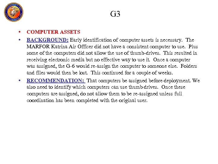 G 3 • • • COMPUTER ASSETS BACKGROUND: Early identification of computer assets is
