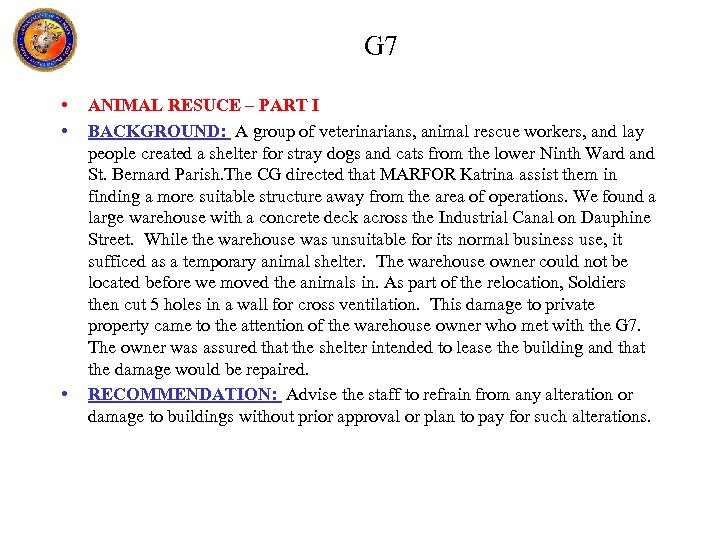 G 7 • • • ANIMAL RESUCE – PART I BACKGROUND: A group of