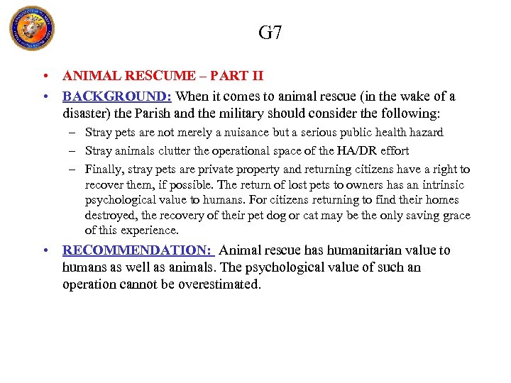 G 7 • ANIMAL RESCUME – PART II • BACKGROUND: When it comes to