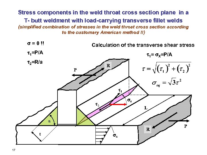 Stress components in the weld throat cross section plane in a T- butt weldment