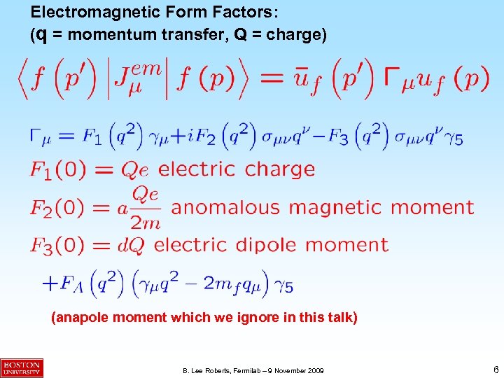 Electromagnetic Form Factors: (q = momentum transfer, Q = charge) (anapole moment which we