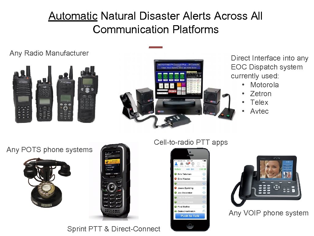 Automatic Natural Disaster Alerts Across All Communication Platforms Any Radio Manufacturer Any POTS phone