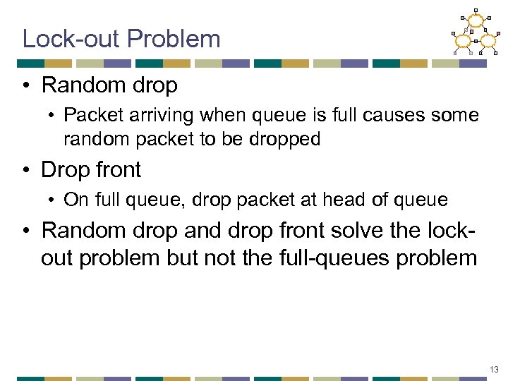 Lock-out Problem • Random drop • Packet arriving when queue is full causes some