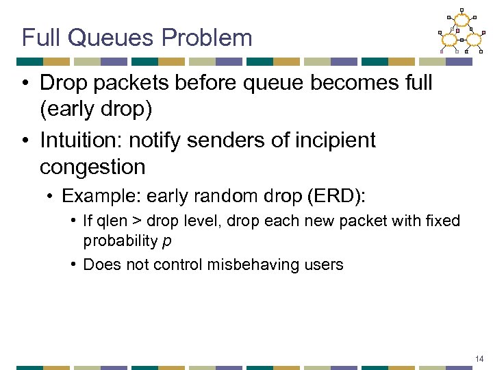 Full Queues Problem • Drop packets before queue becomes full (early drop) • Intuition: