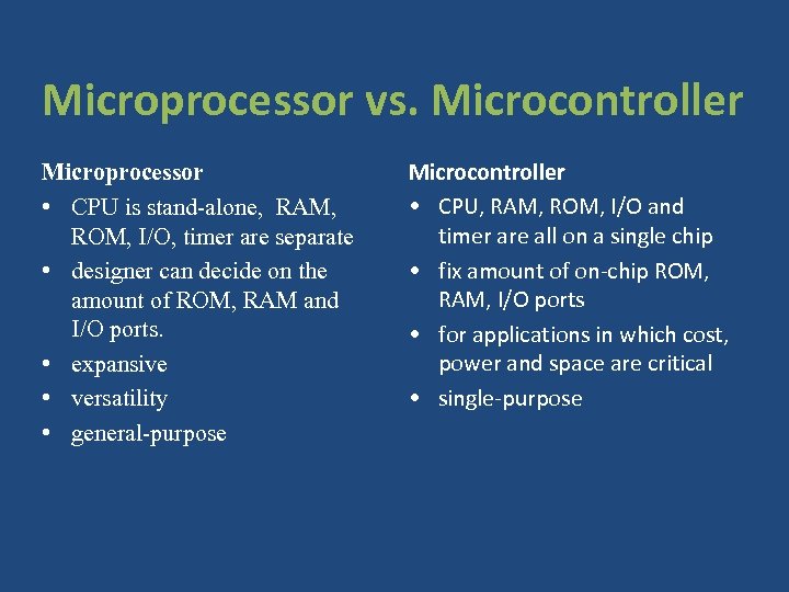 Microprocessor vs. Microcontroller Microprocessor • CPU is stand-alone, RAM, ROM, I/O, timer are separate