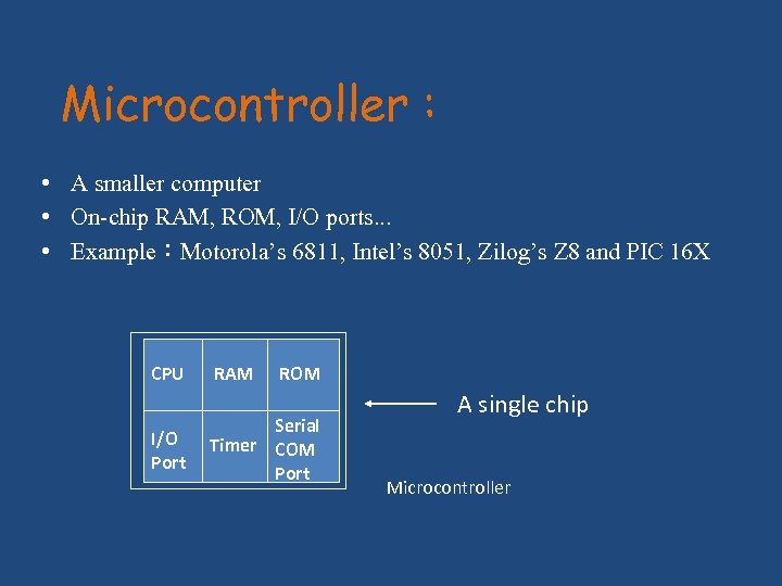 Microcontroller : • A smaller computer • On-chip RAM, ROM, I/O ports. . .