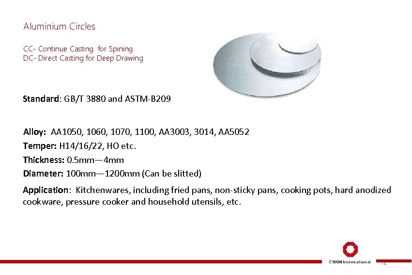 Aluminium Circles CC- Continue Casting for Spining DC- Direct Casting for Deep Drawing Standard:
