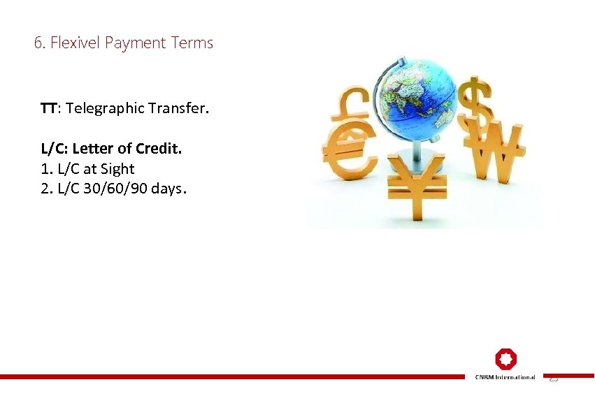 6. Flexivel Payment Terms TT: Telegraphic Transfer. L/C: Letter of Credit. 1. L/C at