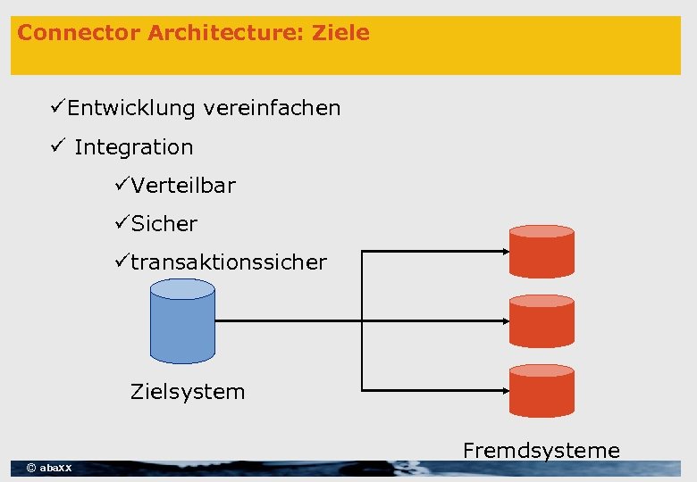 Connector Architecture: Ziele üEntwicklung vereinfachen ü Integration üVerteilbar üSicher ütransaktionssicher Zielsystem © aba. XX