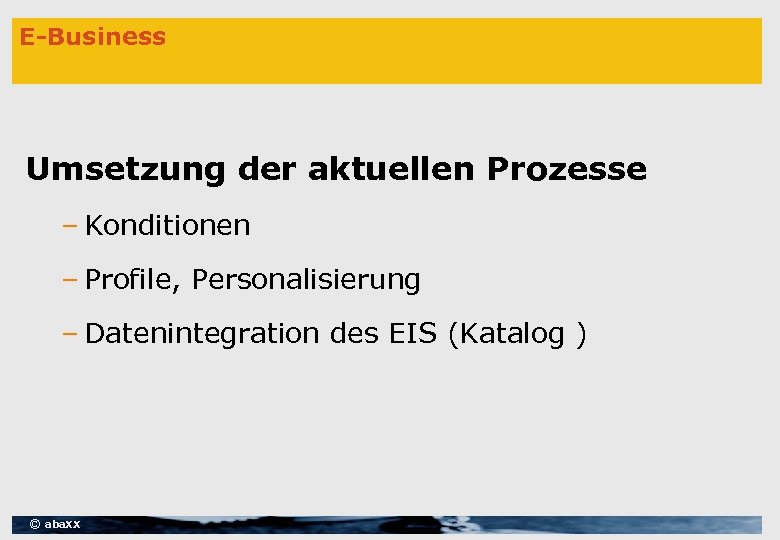 E-Business Umsetzung der aktuellen Prozesse – Konditionen – Profile, Personalisierung – Datenintegration des EIS