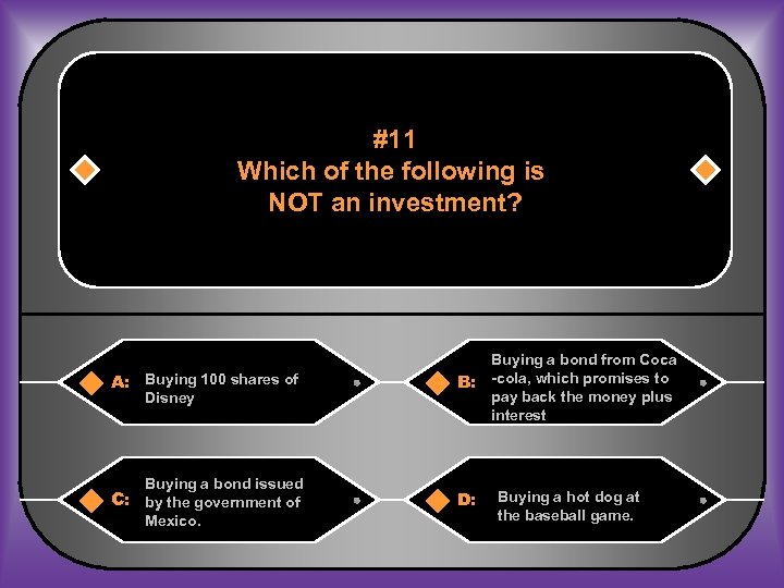 #11 Which of the following is NOT an investment? A: Buying 100 shares of