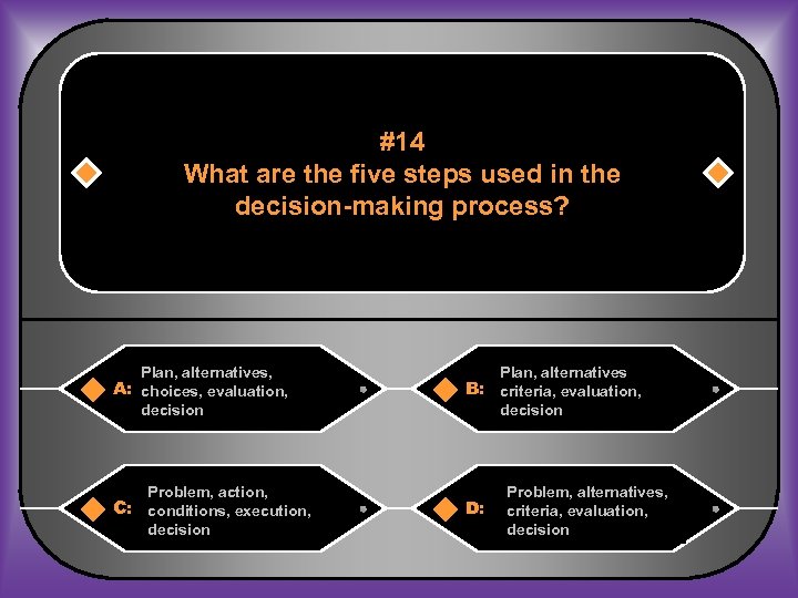 #14 What are the five steps used in the decision-making process? Plan, alternatives, A: