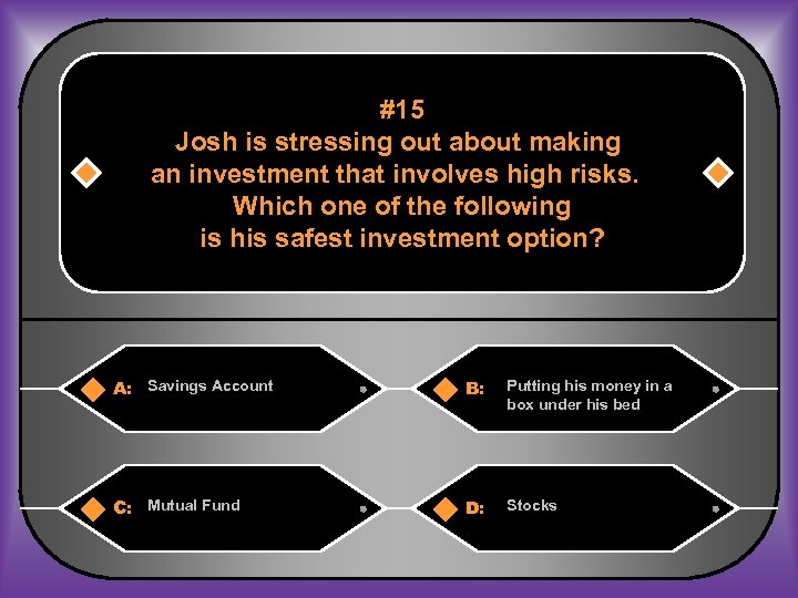 #15 Josh is stressing out about making an investment that involves high risks. Which