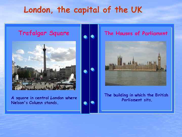 London, the capital of the UK Buckingham Square Trafalgar Palace The Houses of. Theatre