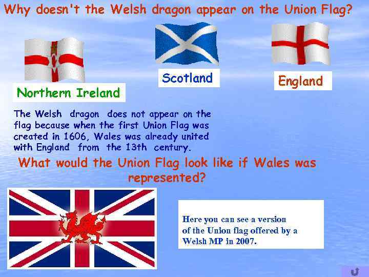 Why doesn't the Welsh dragon appear on the Union Flag? Northern Ireland Scotland England