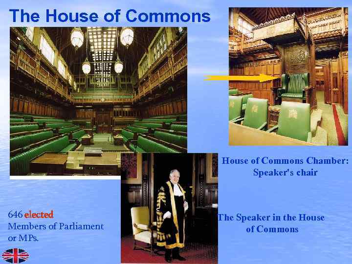 The House of Commons Chamber: Speaker's chair 646 elected Members of Parliament or MPs.