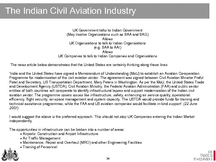The Indian Civil Aviation Industry UK Government talks to Indian Government (May involve Organisations